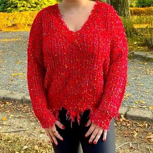 Red Main Strip Confetti Frayed Sweater | Size: Large